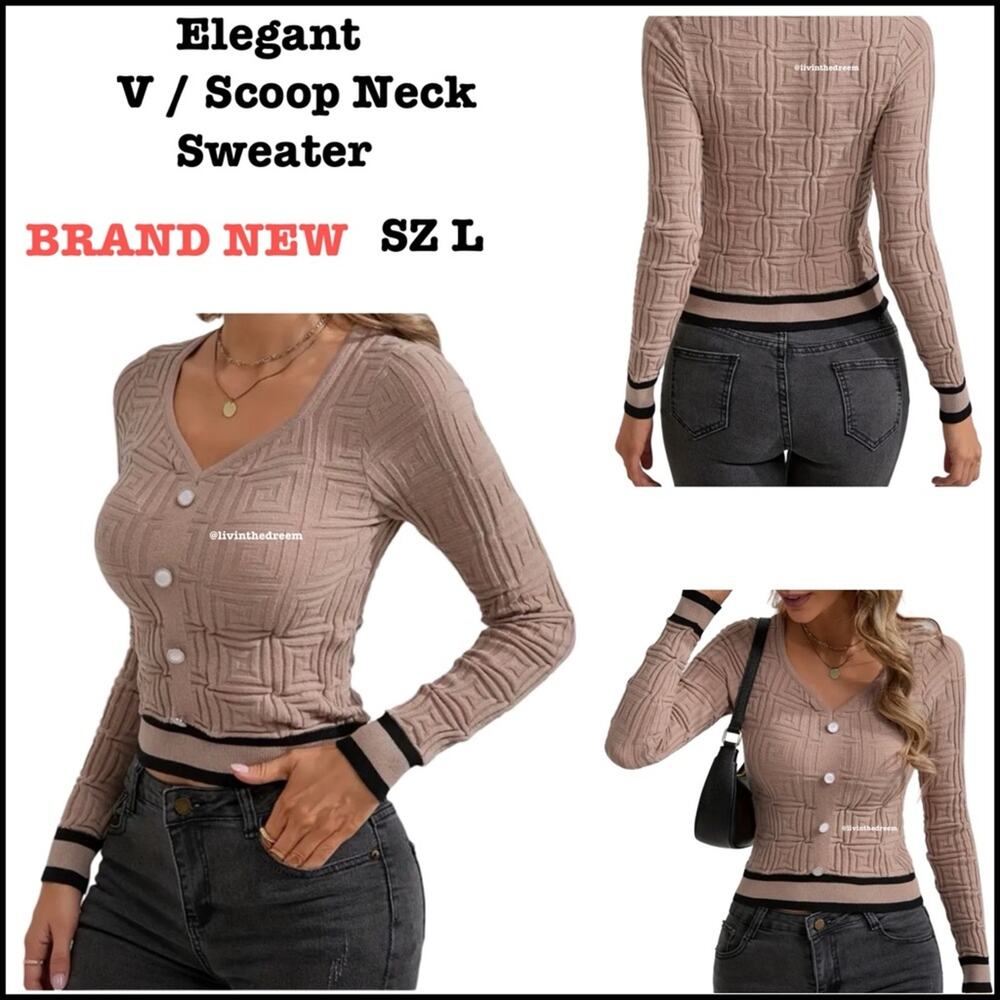 #T76 Elegant Scoop Neck Sweater Trim Long Sleeve Pearl Like Buttons SZ L $59
